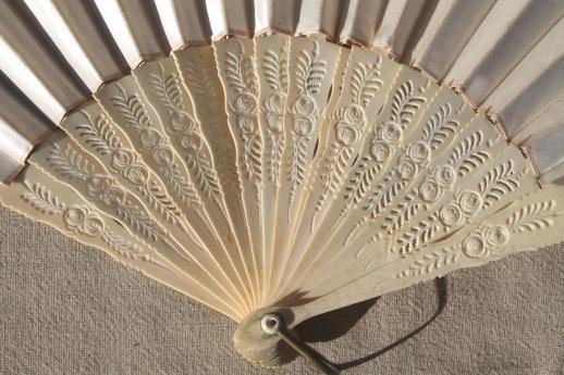 photo of antique vintage ladies fan, carved bone / ivory silk folding fan #9