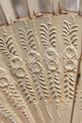 photo of antique vintage ladies fan, carved bone / ivory silk folding fan #10