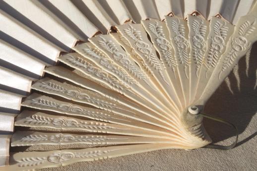 photo of antique vintage ladies fan, carved bone / ivory silk folding fan #11