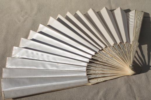 photo of antique vintage ladies fan, carved bone / ivory silk folding fan #12