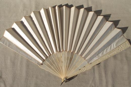 photo of antique vintage ladies fan, carved bone / ivory silk folding fan #14