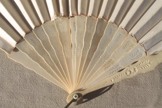 photo of antique vintage ladies fan, carved bone / ivory silk folding fan #15