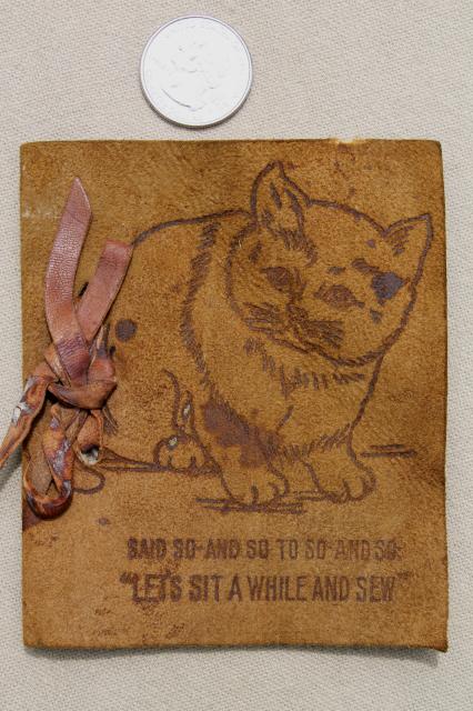 photo of antique vintage leather cover needle book w/ kitten, child's sewing basket tool #1