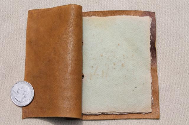 photo of antique vintage leather cover needle book w/ kitten, child's sewing basket tool #2