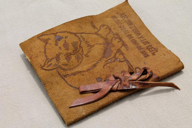 photo of antique vintage leather cover needle book w/ kitten, child's sewing basket tool #5