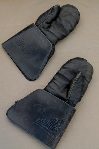 photo of antique vintage leather motorcycle gauntlet mitten gloves, wool lined mittens #3