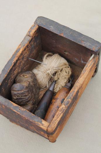 photo of antique vintage leather sewing tools, sewing awls thread & cobbler's wax #4