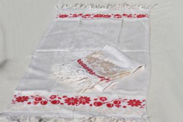 catalog photo of antique vintage linen damask fringed towels with turkey red cherries border