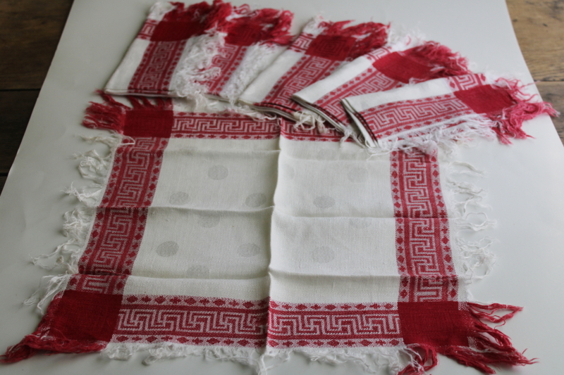 photo of antique vintage linen damask napkins w/ turkey red border, dotted pattern damask fabric  #1