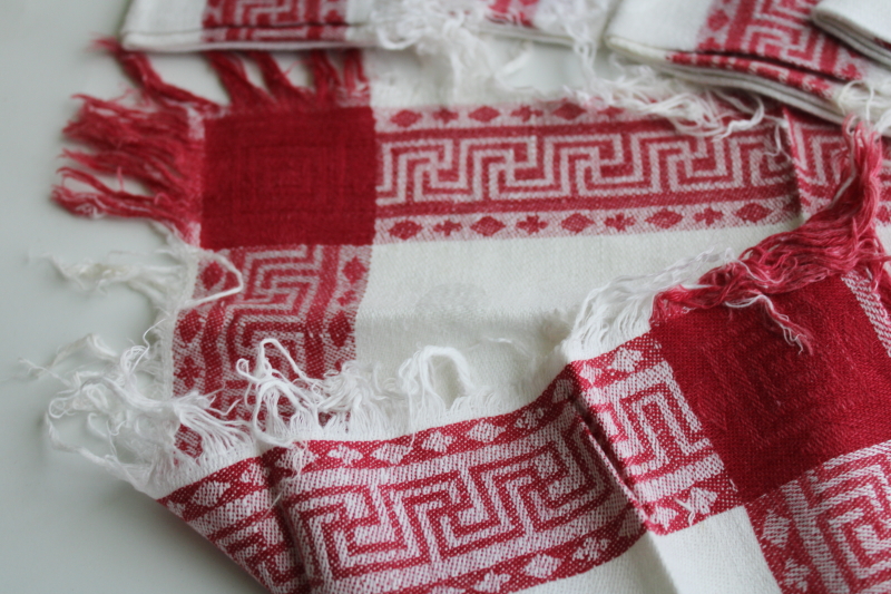 photo of antique vintage linen damask napkins w/ turkey red border, dotted pattern damask fabric  #2