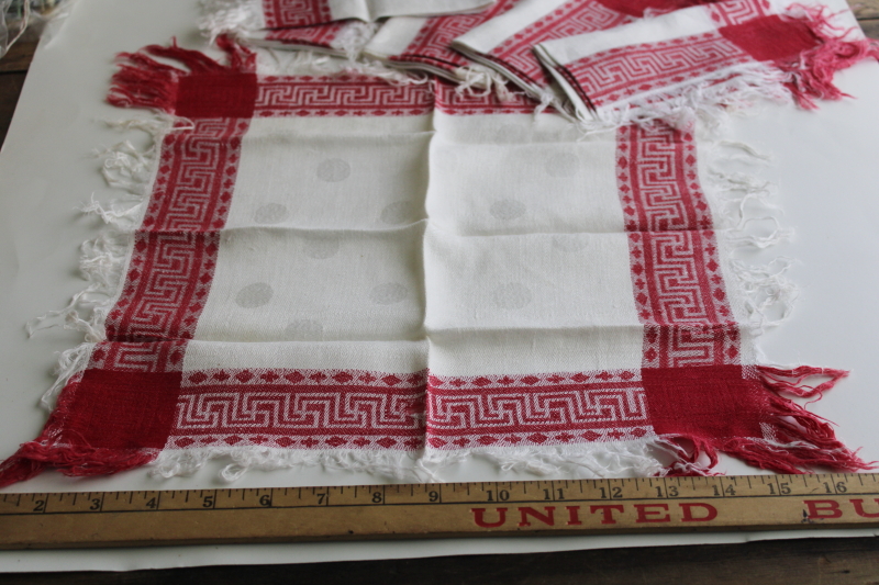 photo of antique vintage linen damask napkins w/ turkey red border, dotted pattern damask fabric  #3