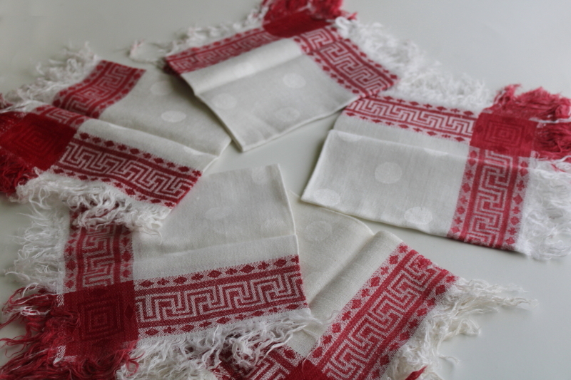 photo of antique vintage linen damask napkins w/ turkey red border, dotted pattern damask fabric  #4