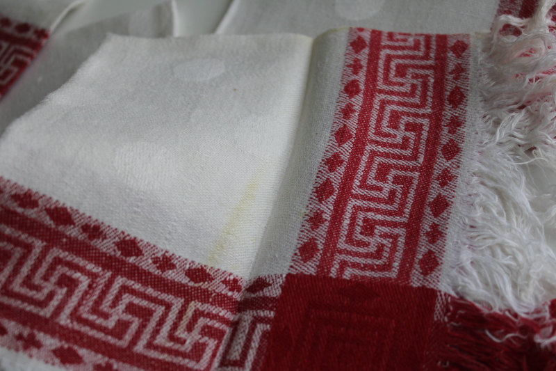 photo of antique vintage linen damask napkins w/ turkey red border, dotted pattern damask fabric  #5