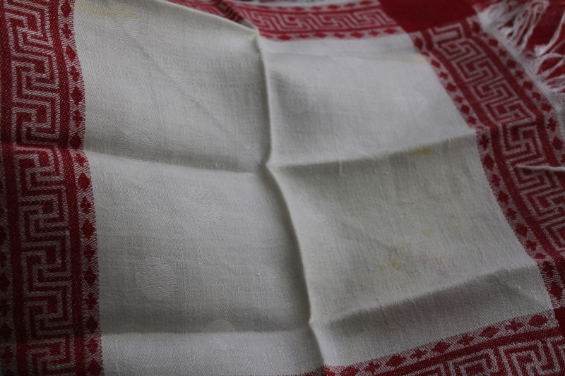 photo of antique vintage linen damask napkins w/ turkey red border, dotted pattern damask fabric  #6