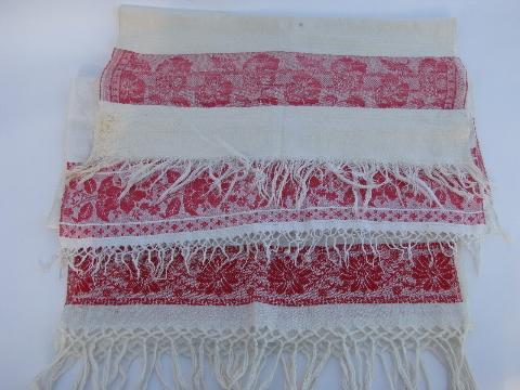 photo of antique vintage linen damask towels, turkey red floral borders #1