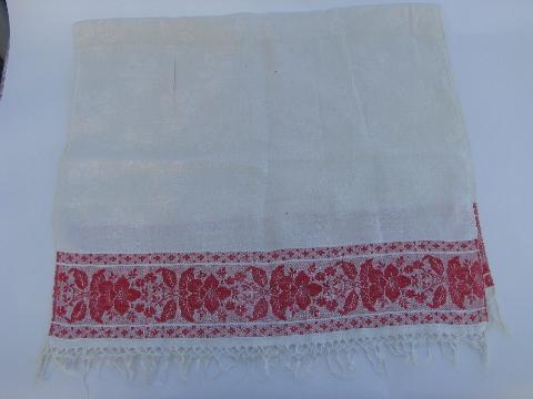 photo of antique vintage linen damask towels, turkey red floral borders #6