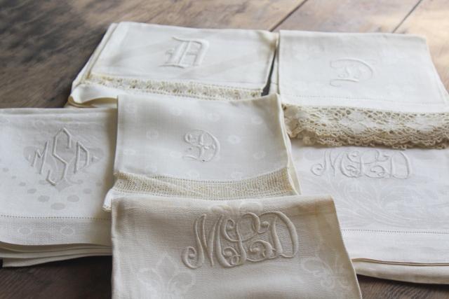 photo of antique vintage linen huckaback & damask bath towels, embroidered D monogram letters #1