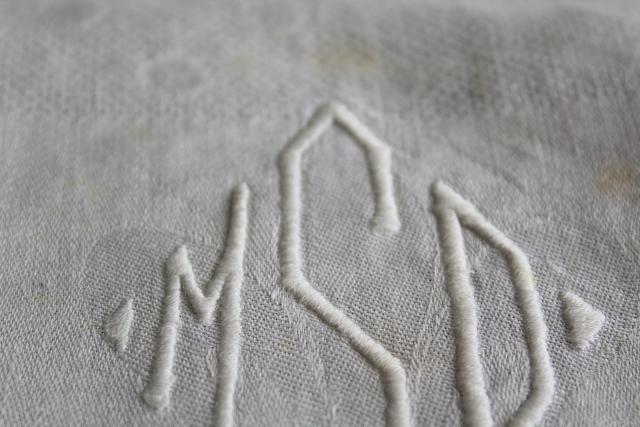 photo of antique vintage linen huckaback & damask bath towels, embroidered D monogram letters #6