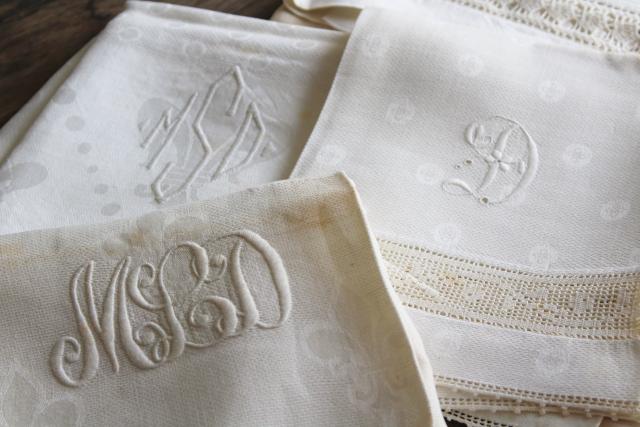 photo of antique vintage linen huckaback & damask bath towels, embroidered D monogram letters #12
