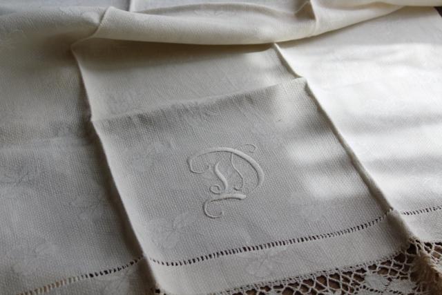 photo of antique vintage linen huckaback & damask bath towels, embroidered D monogram letters #13