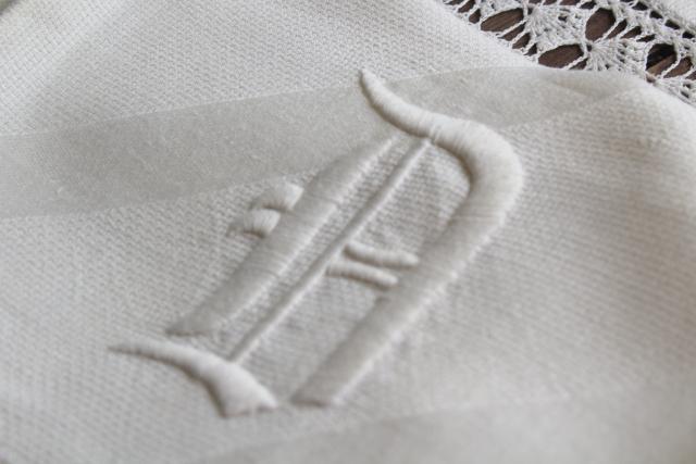 photo of antique vintage linen huckaback & damask bath towels, embroidered D monogram letters #17