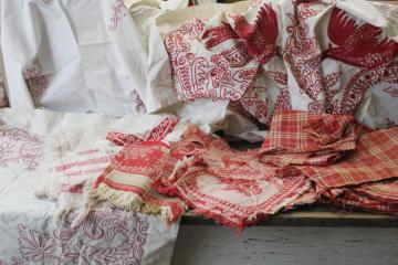 catalog photo of antique vintage linens lot turkey red redwork embroidery shabby fabric shams napkins for upcycle