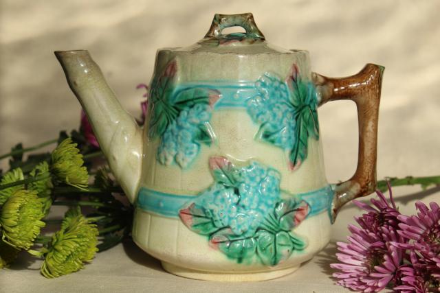 photo of antique vintage majolica pottery hydrangea flower barrel coffee or tea pot, blue floral #2
