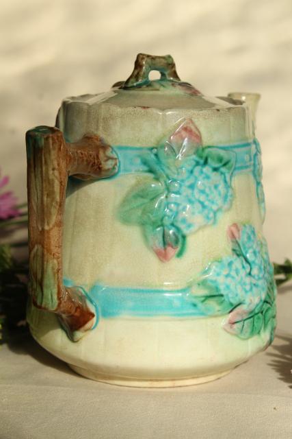 photo of antique vintage majolica pottery hydrangea flower barrel coffee or tea pot, blue floral #3