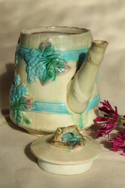 photo of antique vintage majolica pottery hydrangea flower barrel coffee or tea pot, blue floral #6