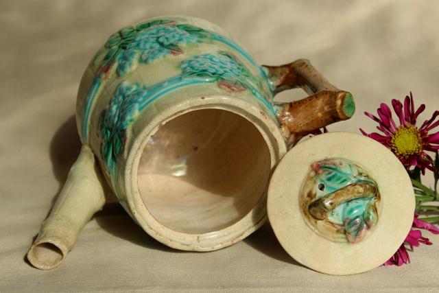 photo of antique vintage majolica pottery hydrangea flower barrel coffee or tea pot, blue floral #7