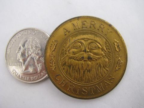 photo of antique vintage metal coin token, Merry Christmas w/ Santa, Lucky New Year #1