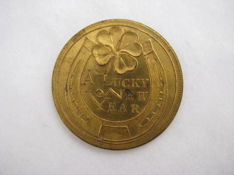 photo of antique vintage metal coin token, Merry Christmas w/ Santa, Lucky New Year #2