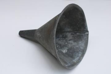 antique vintage metal funnel, weathered galvanized zinc primitive witch hat shape 