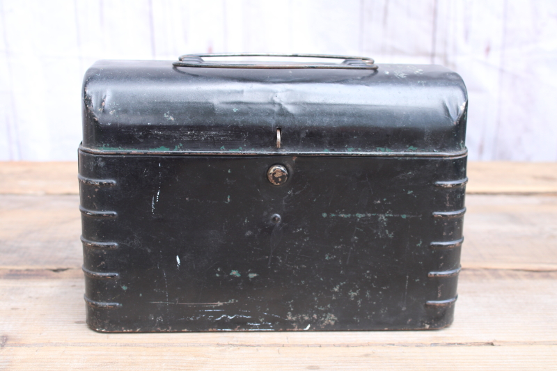 photo of antique vintage metal lunch pail, flat top lunchbox w/ old black paint  #1
