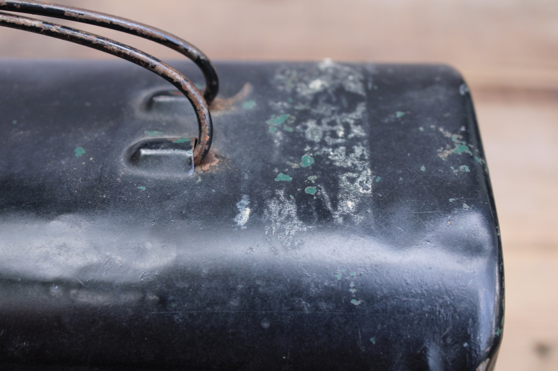 photo of antique vintage metal lunch pail, flat top lunchbox w/ old black paint  #2
