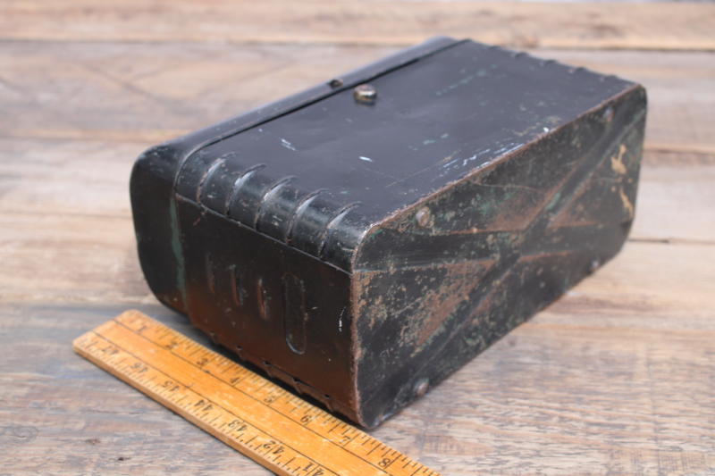 photo of antique vintage metal lunch pail, flat top lunchbox w/ old black paint  #3