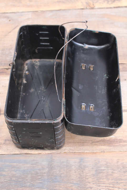 photo of antique vintage metal lunch pail, flat top lunchbox w/ old black paint  #4