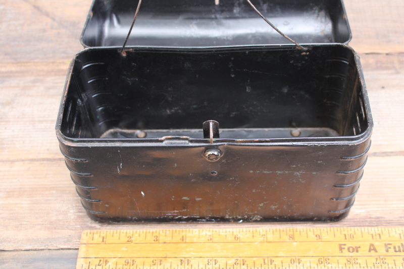 photo of antique vintage metal lunch pail, flat top lunchbox w/ old black paint  #6