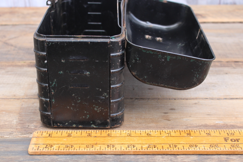 photo of antique vintage metal lunch pail, flat top lunchbox w/ old black paint  #7