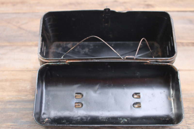 photo of antique vintage metal lunch pail, flat top lunchbox w/ old black paint  #8