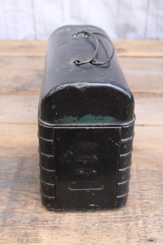 photo of antique vintage metal lunch pail, flat top lunchbox w/ old black paint  #10