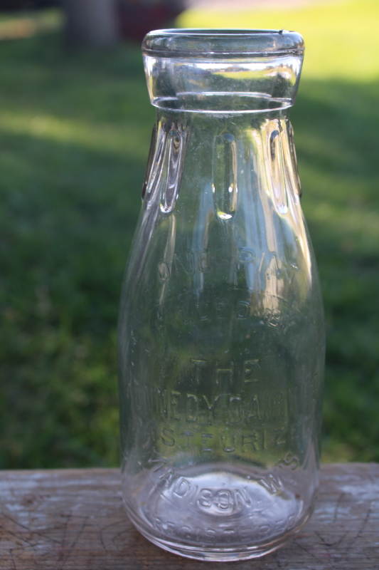 photo of antique vintage milk bottle embossed Kennedy Dairy Madison Wisconsin pint size cream #1