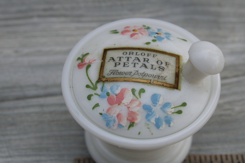 photo of antique vintage milk glass dresser box, novelty whimsy mortar & pestle w/ original paint #2