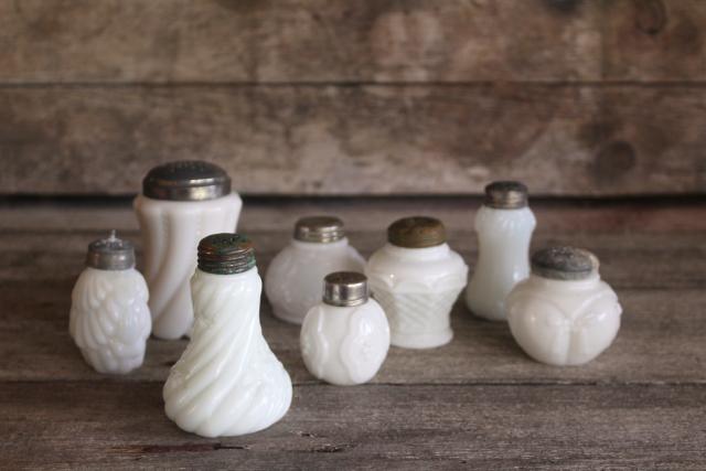 photo of antique vintage milk glass shakers, Victorian era EAPG pressed glass patterns #1