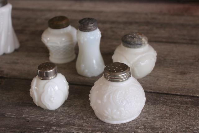 photo of antique vintage milk glass shakers, Victorian era EAPG pressed glass patterns #2