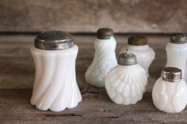 photo of antique vintage milk glass shakers, Victorian era EAPG pressed glass patterns #3