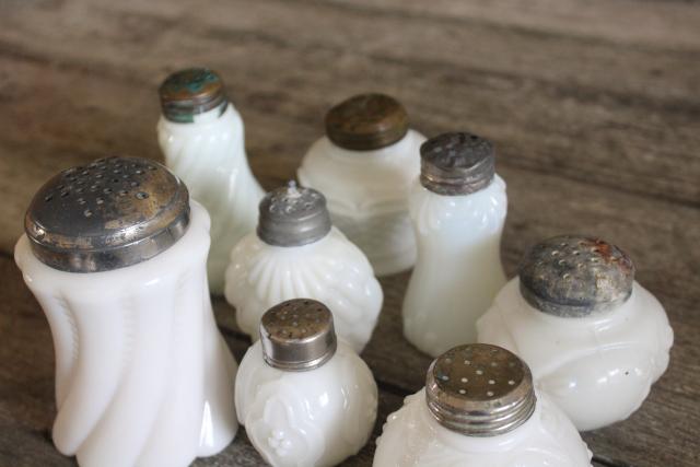 photo of antique vintage milk glass shakers, Victorian era EAPG pressed glass patterns #4