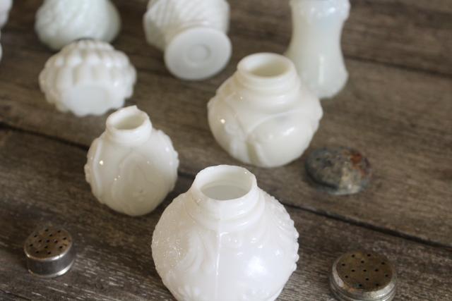 photo of antique vintage milk glass shakers, Victorian era EAPG pressed glass patterns #5