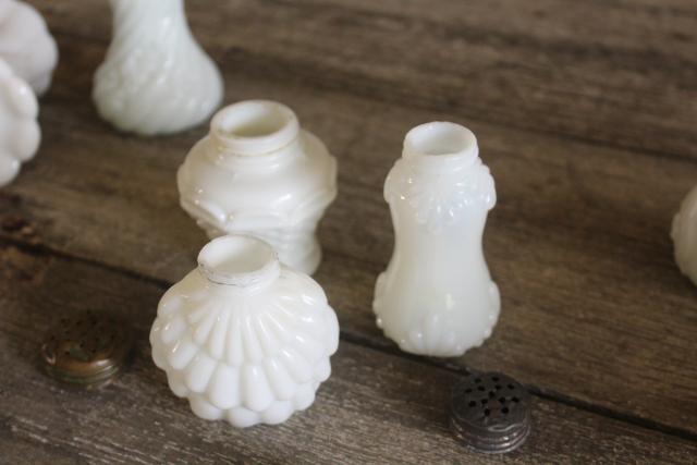 photo of antique vintage milk glass shakers, Victorian era EAPG pressed glass patterns #6