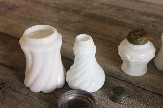 photo of antique vintage milk glass shakers, Victorian era EAPG pressed glass patterns #7